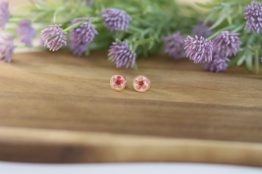 Ohrstecker mit rosa Blüte | weißer Hintergrund | goldfarbener Modeschmuck